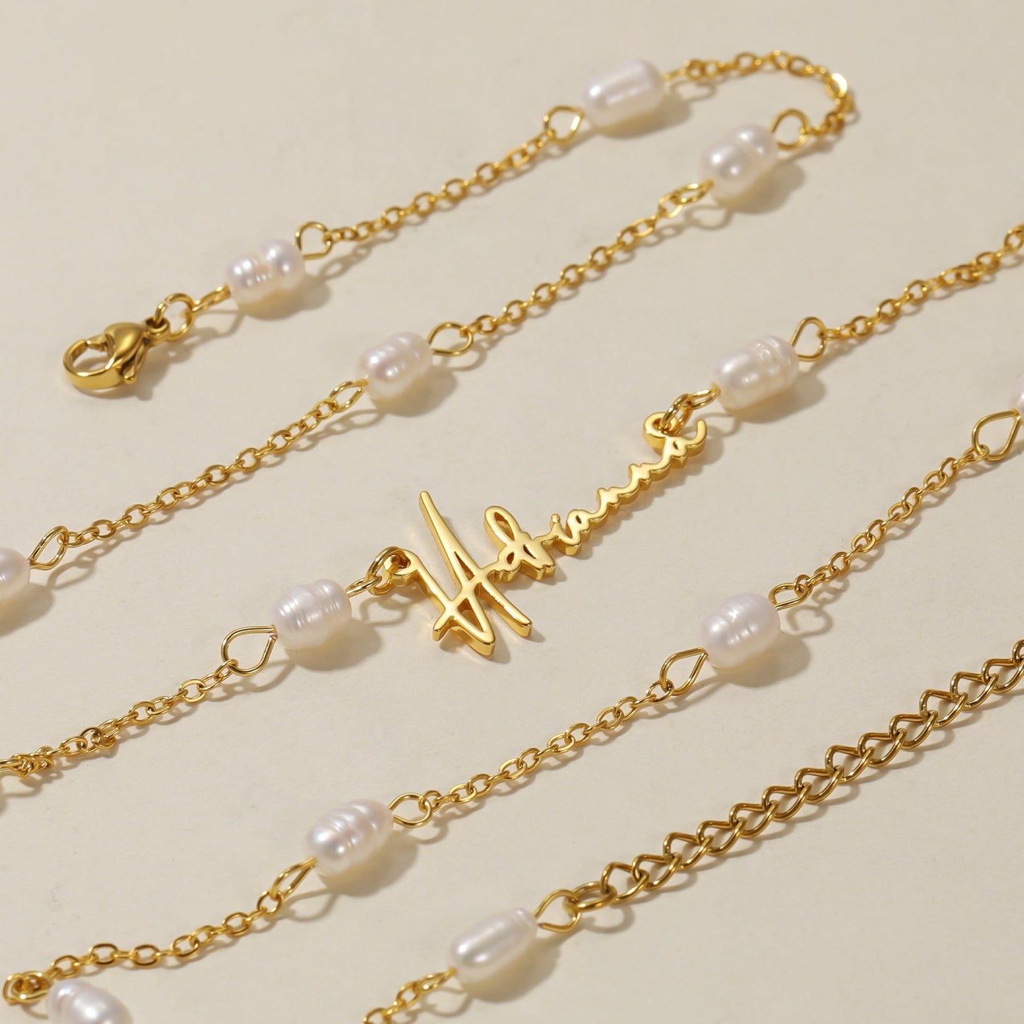 Monique Script Name Necklace w/ Pearl Link Chain
