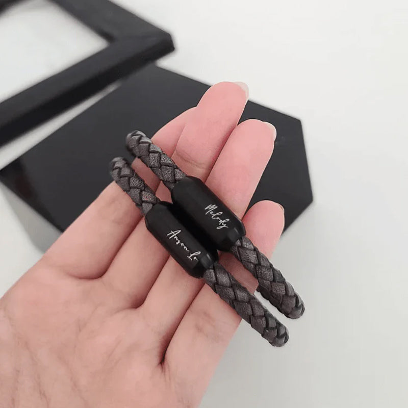 Ivey  Stainless Steel Engraved Leather Bracelet