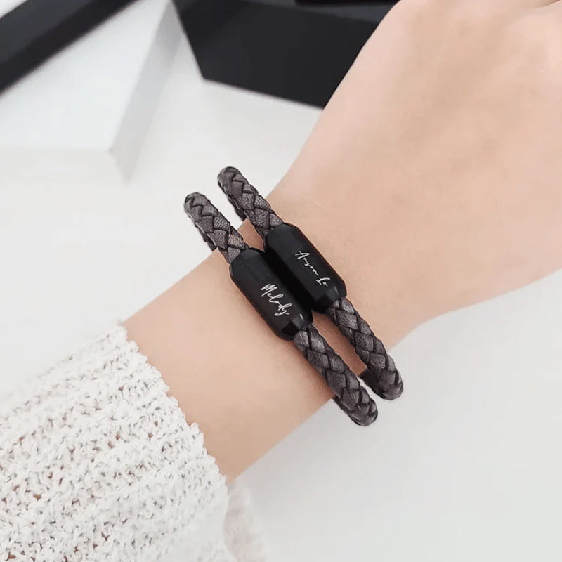 Ivey  Stainless Steel Engraved Leather Bracelet