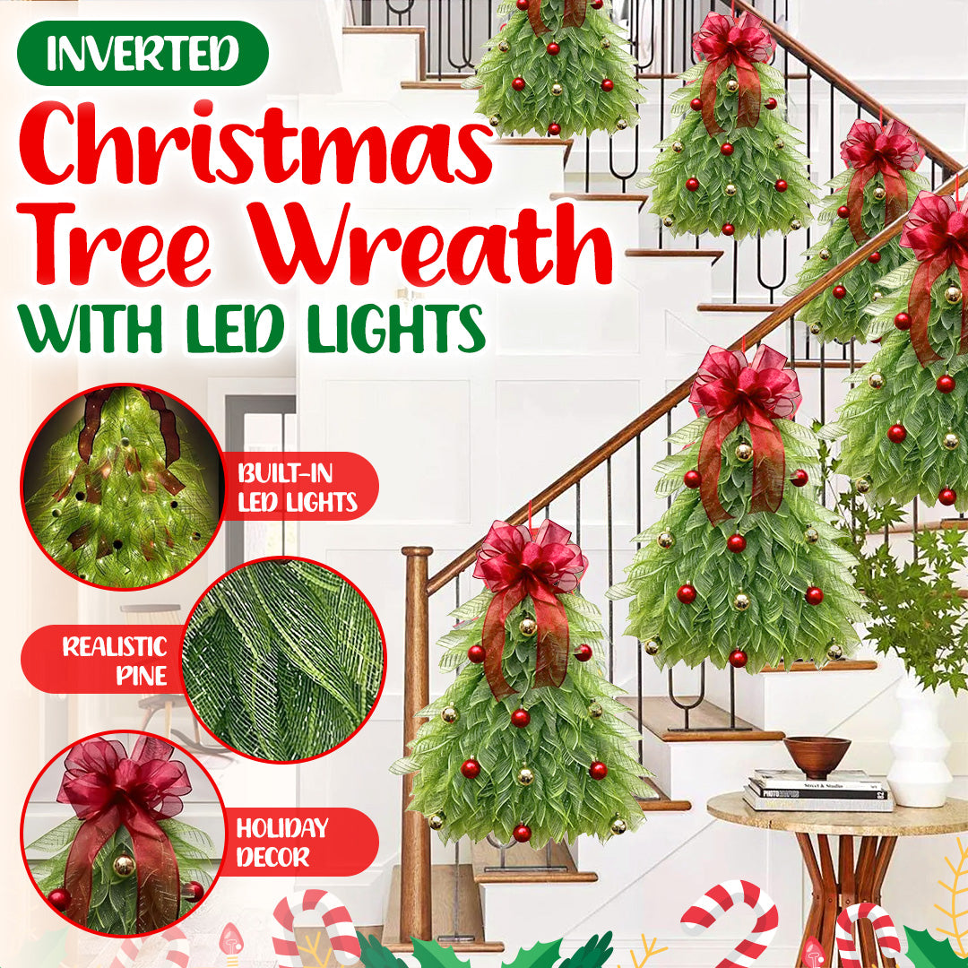 🎁🎄Inverted Christmas Tree Wreath with LED Lights – Handmade Holiday Door & Window Decoration, Unique Lighted Xmas Decor