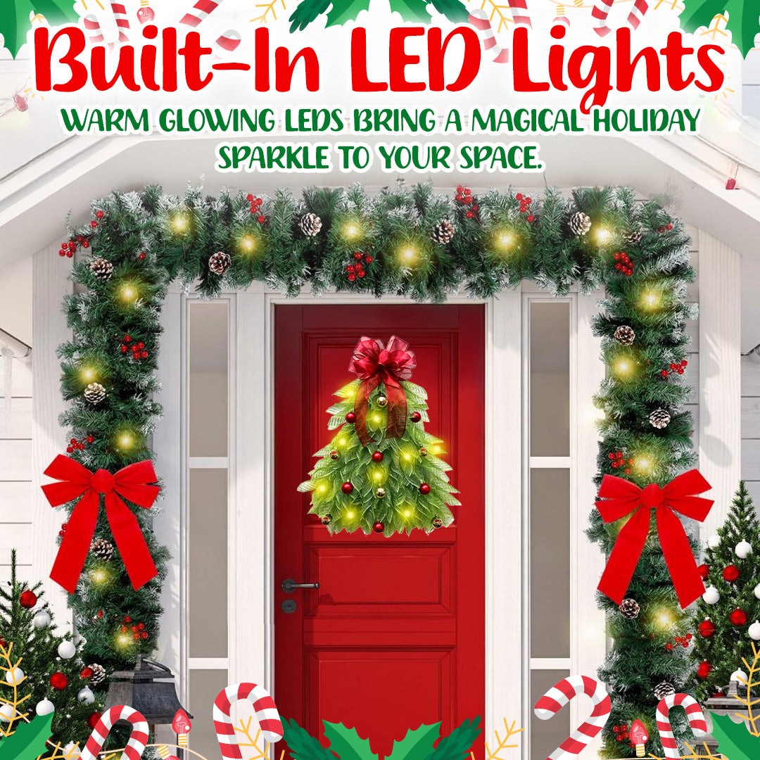 🎁🎄Inverted Christmas Tree Wreath with LED Lights – Handmade Holiday Door & Window Decoration, Unique Lighted Xmas Decor