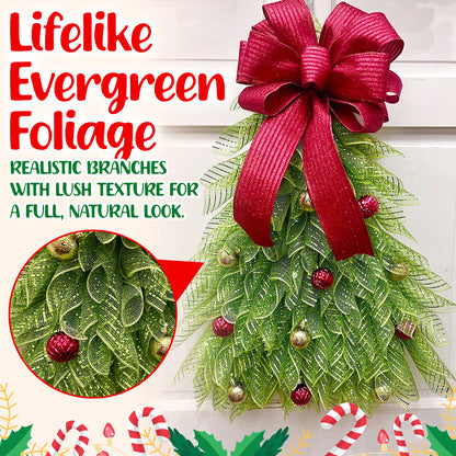 🎁🎄Inverted Christmas Tree Wreath with LED Lights – Handmade Holiday Door & Window Decoration, Unique Lighted Xmas Decor