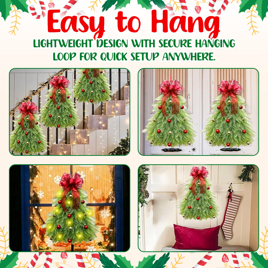 🎁🎄Inverted Christmas Tree Wreath with LED Lights – Handmade Holiday Door & Window Decoration, Unique Lighted Xmas Decor
