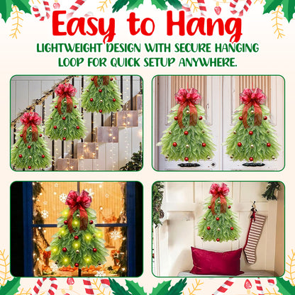 🎁🎄Inverted Christmas Tree Wreath with LED Lights – Handmade Holiday Door & Window Decoration, Unique Lighted Xmas Decor