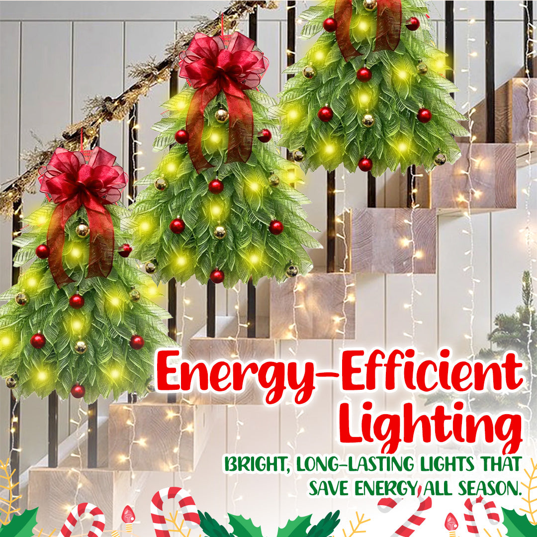 🎁🎄Inverted Christmas Tree Wreath with LED Lights – Handmade Holiday Door & Window Decoration, Unique Lighted Xmas Decor