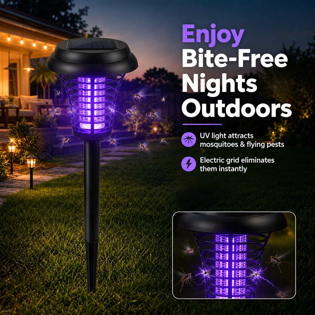 Solar mosquito zapper light protecting an outdoor yard at night